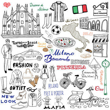 Milan Italy sketch elements. Hand drawn set with Duomo cathedral, flag, map, shoe, fashion items, pizza, shopping street, transport and traditional food. Drawing doodle collection, isolated on white