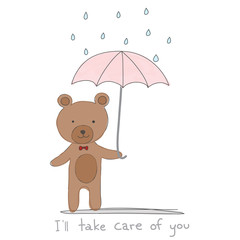Obraz na płótnie Canvas brown bear holding pink umbrella with rain hand drawn style and