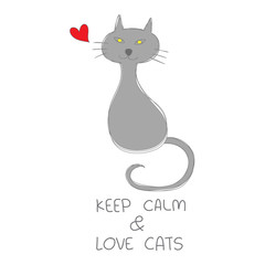 grey cat sitting with red heart hand drawn and quotes