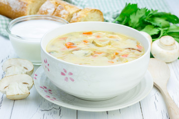 Homemade mushroom soup with chicken