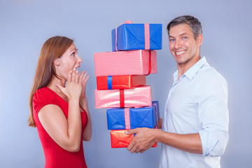 man surprising female with present delivery