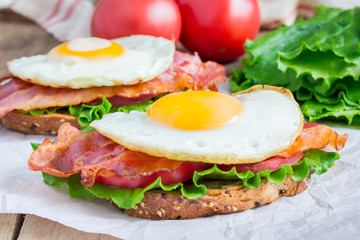 Open face sandwich with egg, bacon, tomato and lettuce
