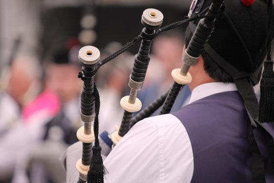 Festival delle band di cornamuse in Glasgow, esibizione di una banda: particolare.