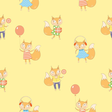 Vector seamless pattern with cute cartoon proteins on a yellow background.