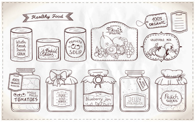 Illustration set of canned goods and tags.