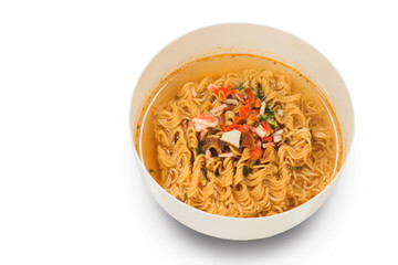 Instant noodles in white dish on white background with clipping