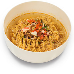 Instant noodles in white dish on white background with clipping