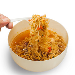 Instant noodles in white dish on white background with clipping