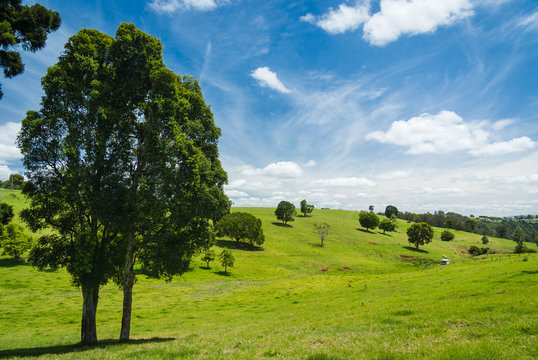 Lush green hilly rural landscape of south-east Queensland, Australia