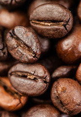 Coffee background. Brown coffee beans, close up of coffee beans