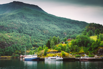 Sognefjord port in Flam, Norway, Norwegian longest and deepest f