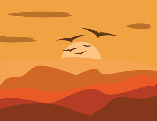 sky abstract background with golden sunrise in mountains and birds