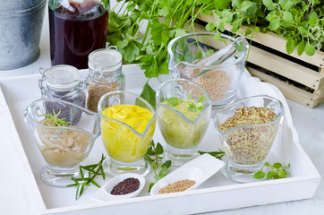 Herbs and Spices. Variety of Mustards.