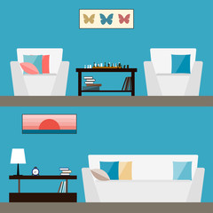 Simple interior. Illustration in trendy flat style with room interior isolated on bright stylish blue cover for use in design for card, invitation, poster, banner, placard or billboard 