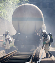 Naklejka premium Toxic chemicals acids emergency train firefighters