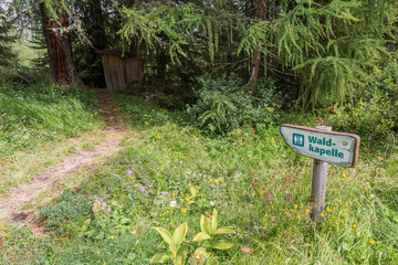 Panneau et cabanon au milieu de la forêt