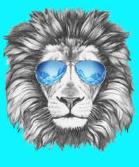 Portrait of Lion with mirror sunglasses. Hand drawn illustration.