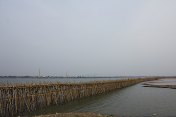 Fototapeta na wymiar Bamboo bridge at the river