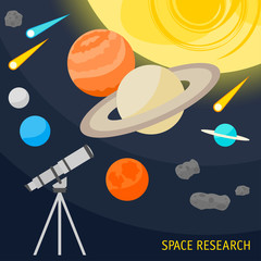Naklejka premium illustration with cartoon space objects and telescope isolated on black