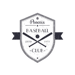 Baseball vintage grunge emblem, logo, t-shirt design on shield, vector illustration, eps10, easy to edit