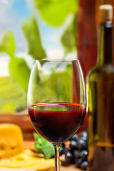 Glass of wine on table