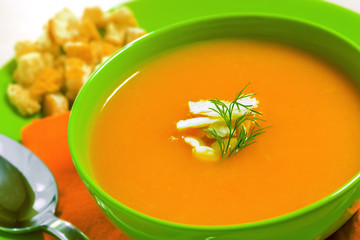 Fresh carrot soup, vegetarian healthy food