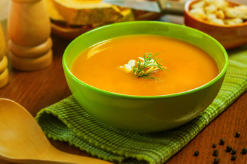 Fresh pumpkin soup, vegetarian healthy food