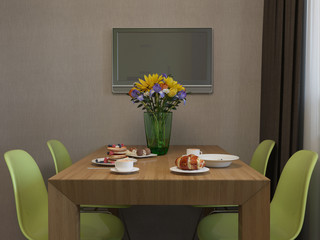 3D illustration of kitchen with wooden and green facades