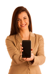 Beauty woman using and reading a smart phone isolated on a white