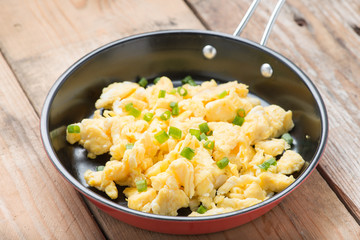 Scrambled egg served in a pan.