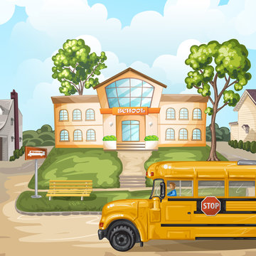 School bus and school building