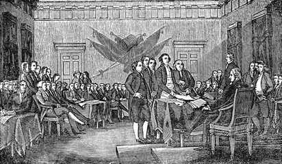 An engraved illustration of the signing the USA  American Declaration of Independence, from a Victorian book dated 1880 that is no longer in copyright