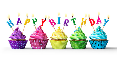 Colorful birthday cupcakes on white - Powered by Adobe