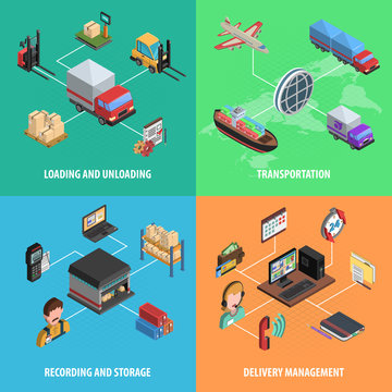 Delivery And Logistic Square Isometric Icon Set