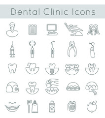 Flat thin line vector conceptual icons of dental clinic services, stomatology, dentistry, orthodontics, oral health care and hygiene, tooth restoration and dental instruments. Linear design elements