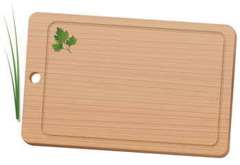 Cutting board with parsley and chives. Isolated vector illustration on white background.
