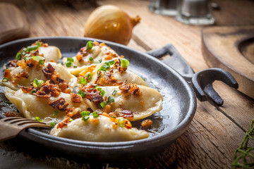 Dumplings with meat, onion and bacon.
