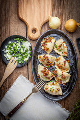 Dumplings with meat, onion and bacon.