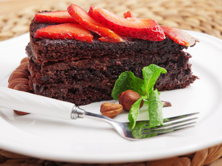 Homemade chocolate cake with strawberries