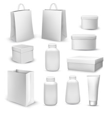 Big collection of shopping bags, gift boxes, plastic containers