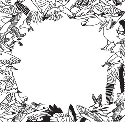 Fly birds frame border black isolate on white