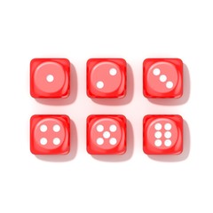 Set of red game dices, all numbers. Top view. 3D render illustration isolated on white background