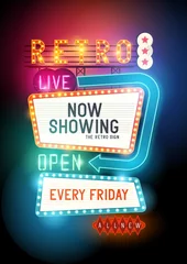 Foto op Plexiglas Retro compositie Retro Showtime Sign. Theatre cinema retro sign with glowing neon signs. Vector illustration.