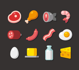 Meat and dairy flat icons