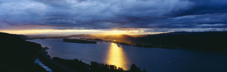 Sunset over Columbia River, view toward Portland, Oregon