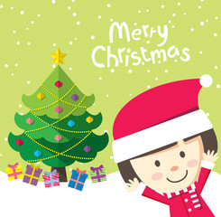 Christmas card with little girl, tree and gift box