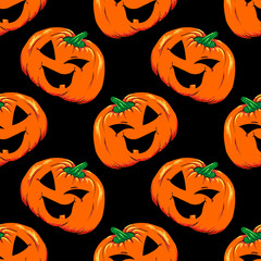 Halloween jack-o-lantern orange pumpkin vegetable vector seamless pattern background texture