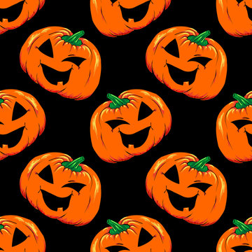 Halloween jack-o-lantern orange pumpkin vegetable vector seamless pattern background texture