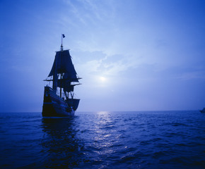 Mayflower II replica in moonlight, Massachusetts