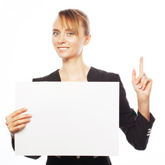 young business woman showing blank signboard